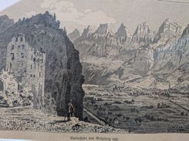 Walenstadt von Gräpplang aus, antiker Holzstich um 1880