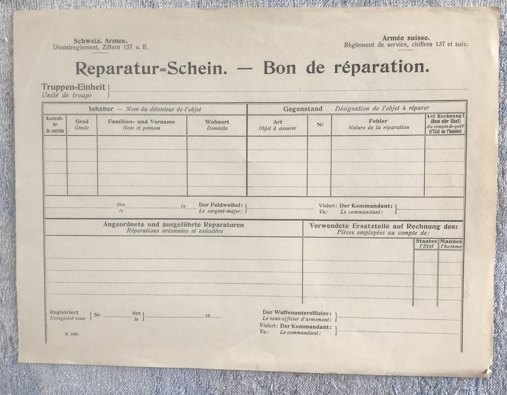 Schweizer Armee Armi bianche: SCHWEIZER ARMEE REPARATUR-SCHEIN – Usato da Ostermundigen venduto da wini63