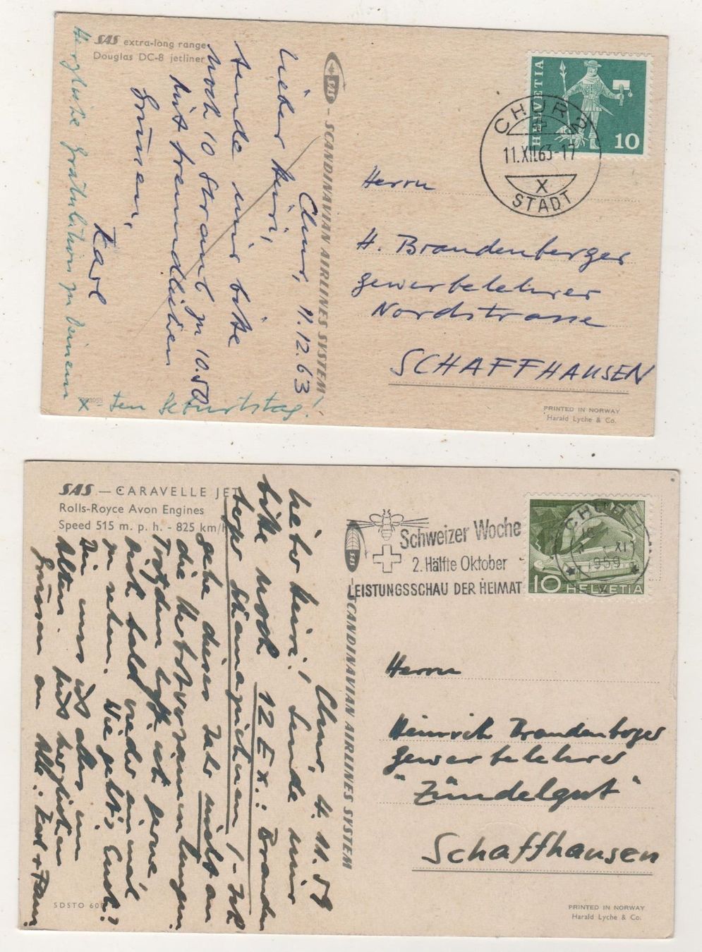 Ansichtskarten: 2 Ansichtskarten SAS Flugzeuge 1959+1963 – Gebraucht aus Remetschwil von Hofiii 1