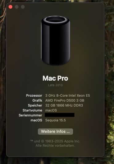 Mac Pro 2013, 3Ghz 8 Core Xeon, 2x D500, 32GB Ram, 1TB SSD