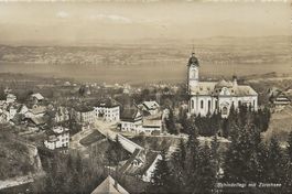 Schindellegi SZ Kirche Bahngeleise Brücke + Zürichsee 1939