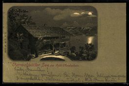 Lithographie Rütli /Vierwaldstätter See, Das Rütli im Mondsc