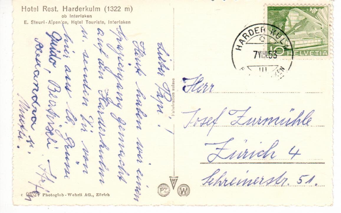 Cartoline postali: Restaurant Harderkulm Interlaken 1953 – Usato da Wolhusen venduto da Curver9 1