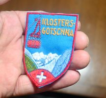 VINTAGE Badge KLOSTERS GOTSCHNA -ST. GALLER STICKEREI hellbl