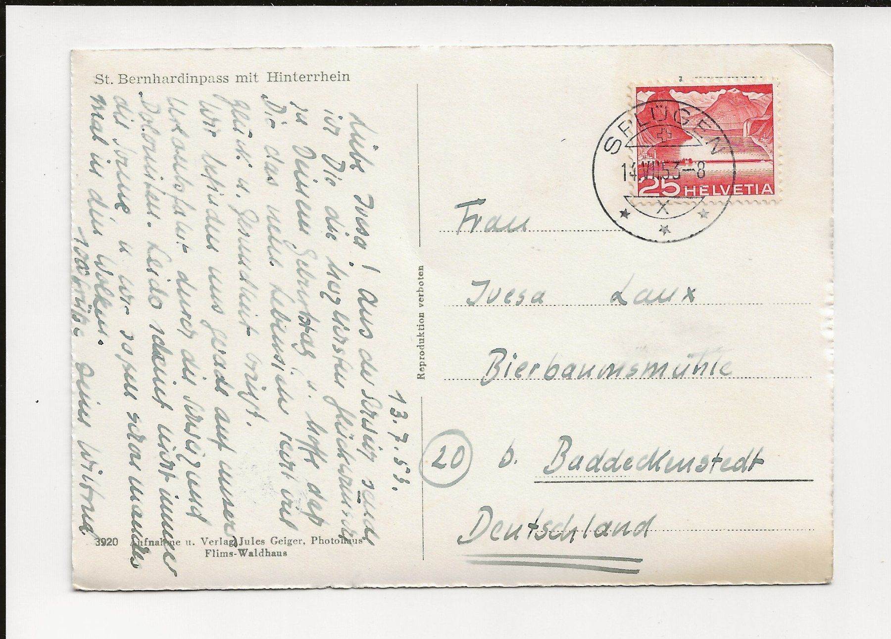 Ansichtskarten: AK 1953 St. Bernhardinpass mit Hinterrhein – Gebraucht aus Greifensee von 315WDO 1