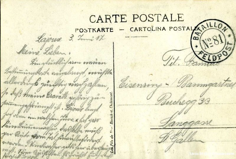 Cartoline postali: La joux - vue générale + 1917 Feldpost – Usato da Emmenbrücke venduto da teestube 1