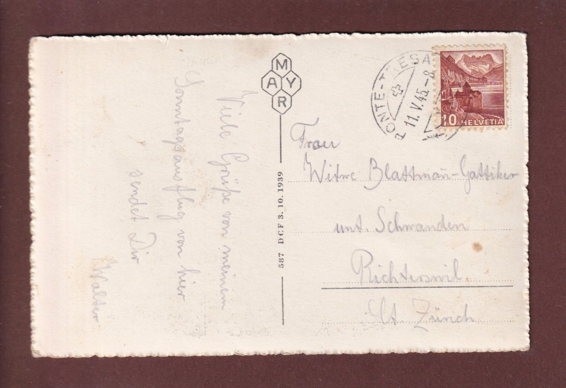Cartoline postali: PONTE TRESA - 1945 – Usato da Pully venduto da nicecards 1