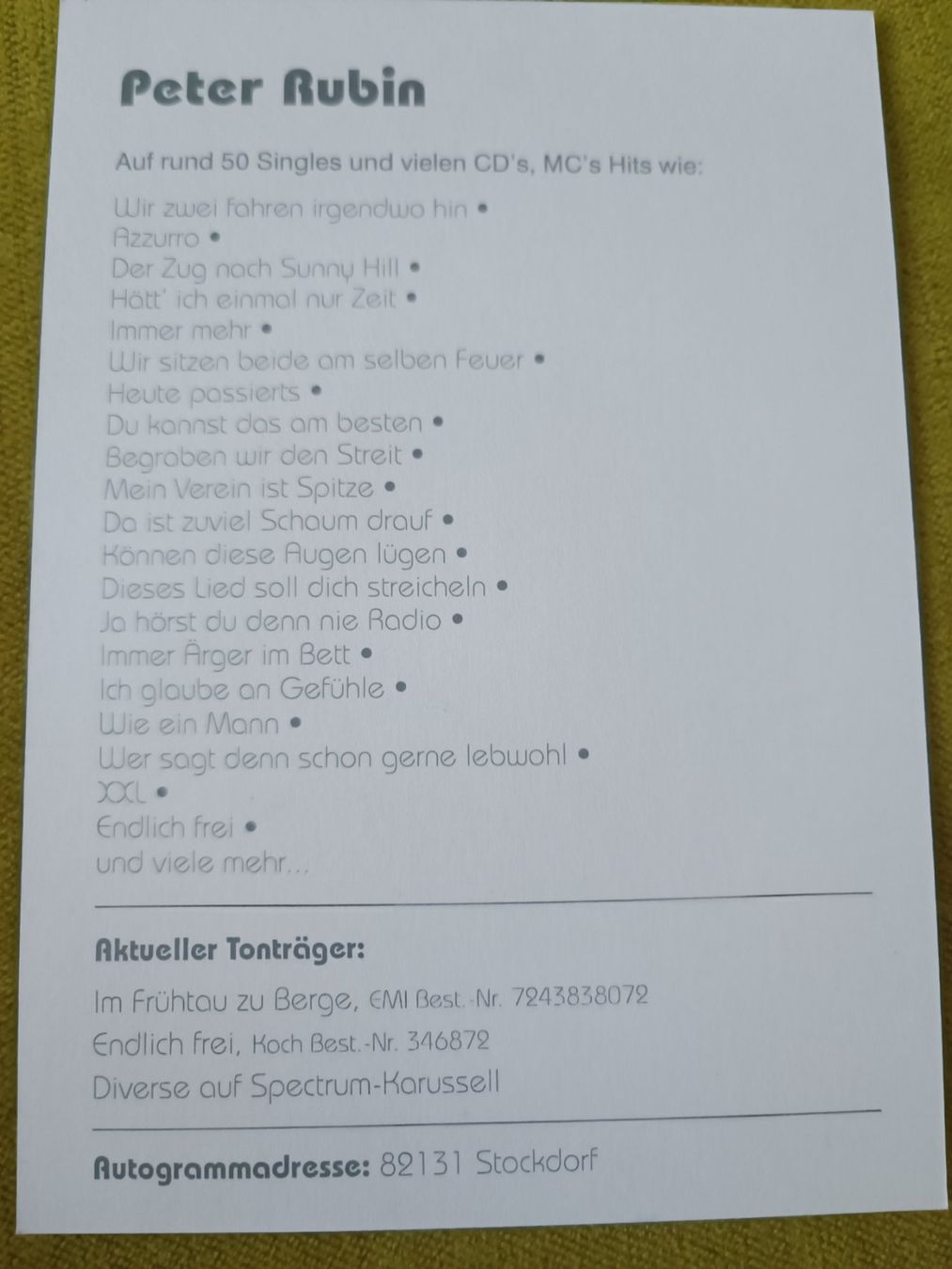 Autografi: Peter Rubin - handsigniert – Usato da Menziken venduto da Artographs 1