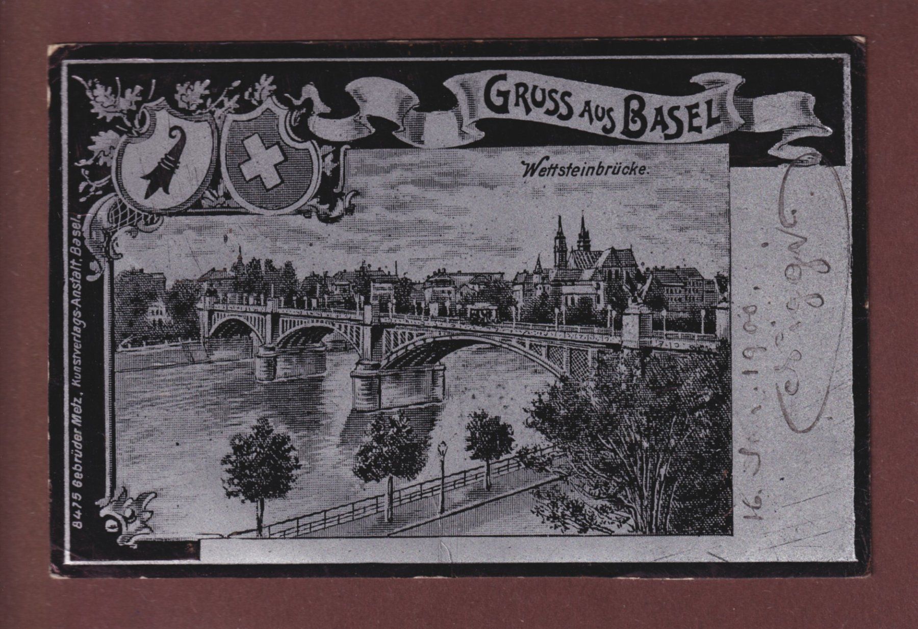 Cartoline postali: Gruss aus BASEL - Metallischer Effekt - 1900 – Usato da Pully venduto da nicecards