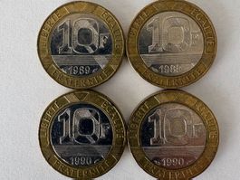 10 Francs Münzen, Frankreich 1989 / 1990, 4 Stück