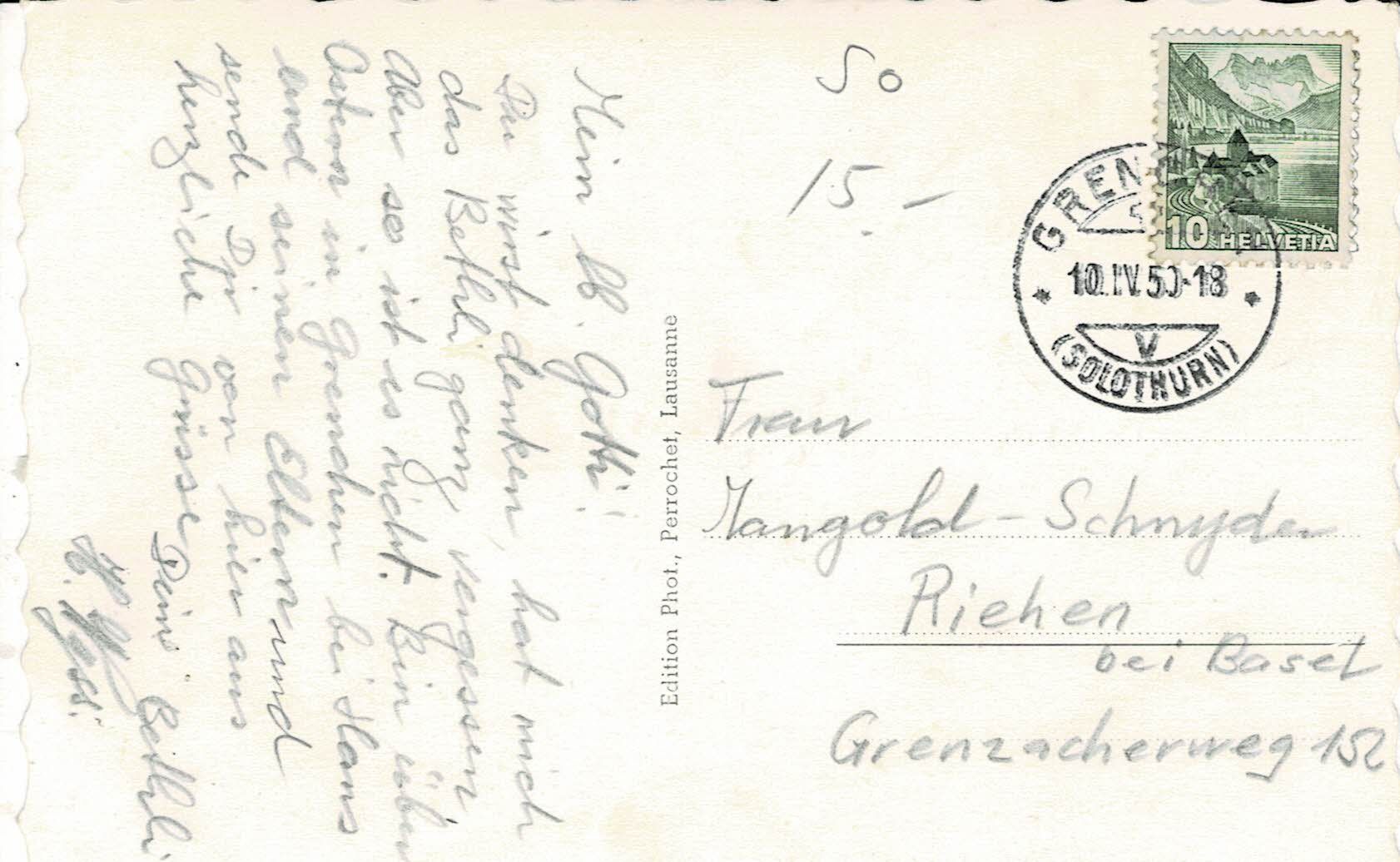 Ansichtskarten: GRENCHEN - Totalansicht SO gel. 1950! – Gebraucht aus Hergiswil NW von Kartenfrau 1