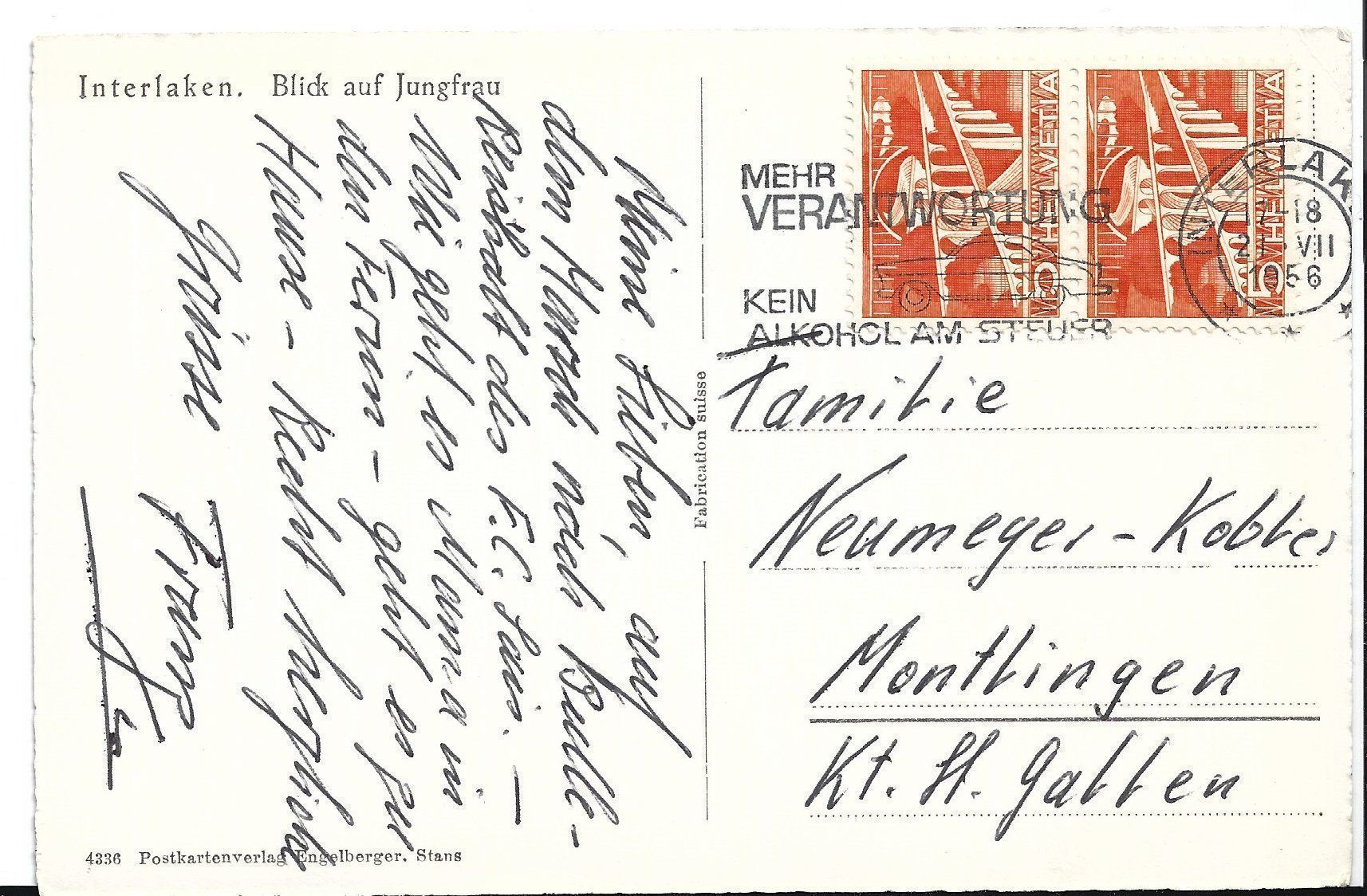 Ansichtskarten: Ansichtskarte Interlaken 1956 – Gebraucht aus Wildhaus von Hukwildhaus 1