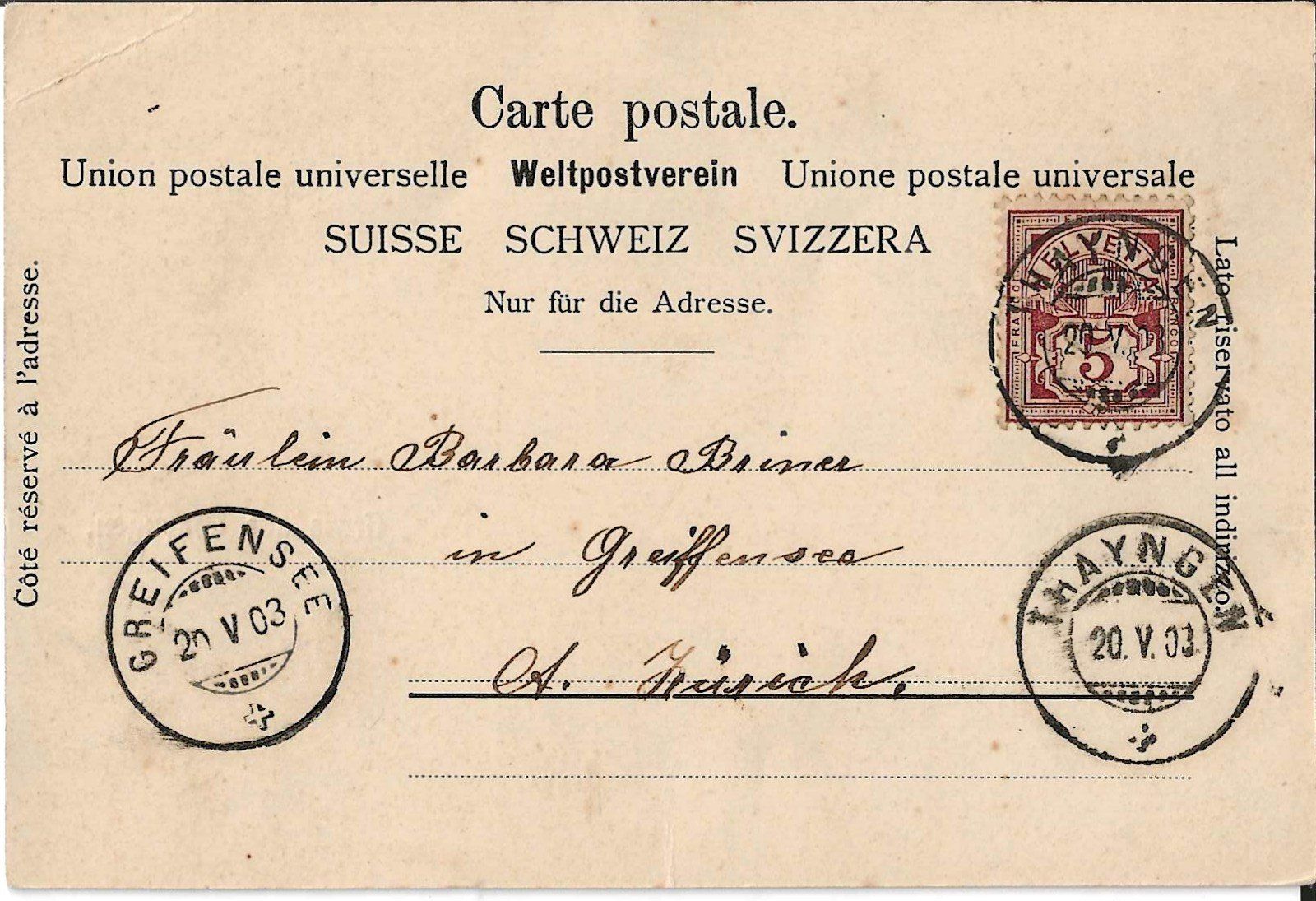 Cartoline postali: Karte Thayngen 1903 – Usato da Zürich venduto da Philacat11 1