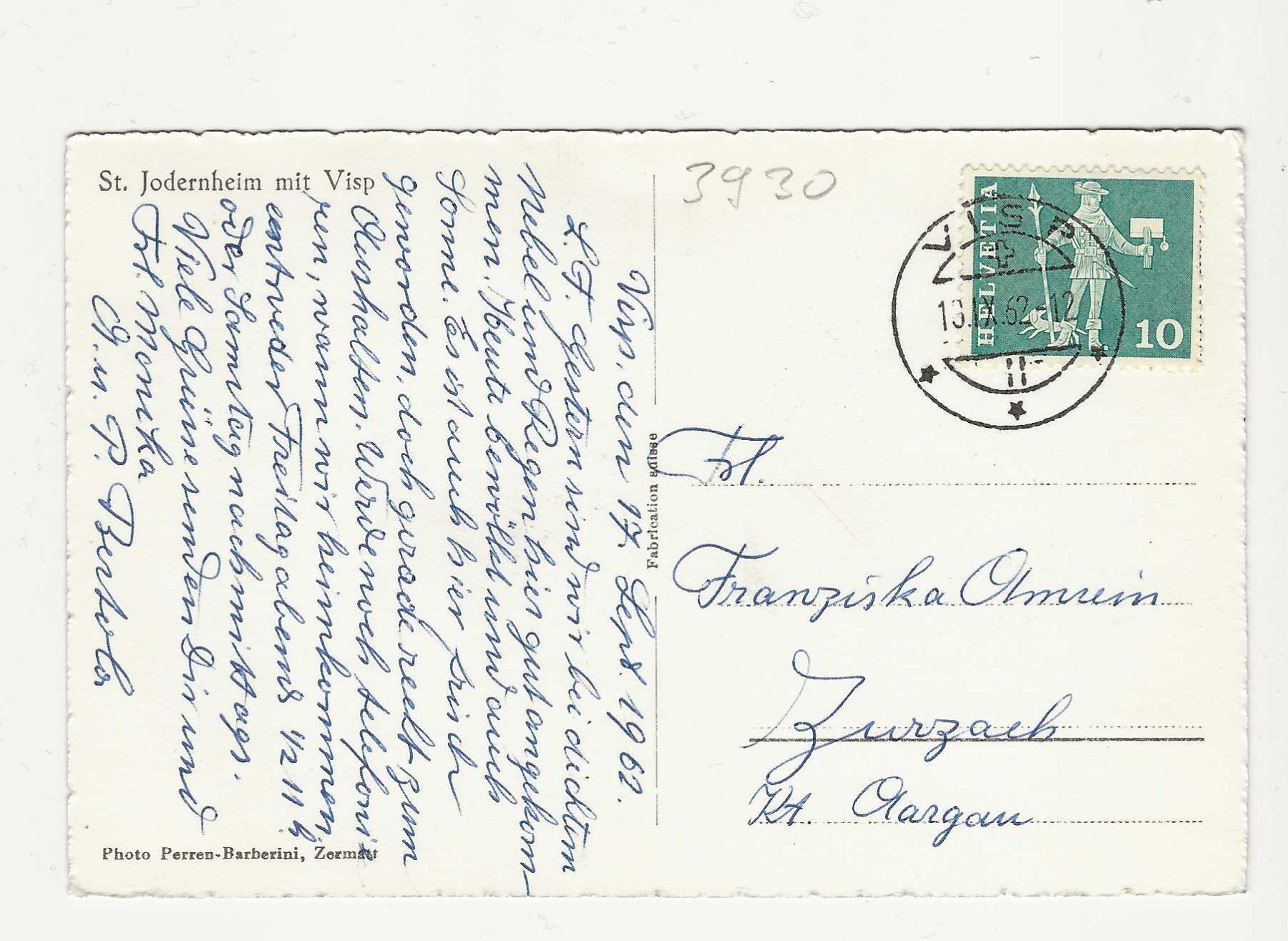 Cartoline postali: ST. JODERNHEIM  MIT  VISP – Usato da Küttigen venduto da rolypo 1
