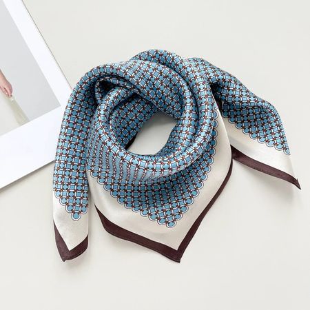 New 53cm Light Blue Silk Scarf, Circle Ring Print Neck Scarf
