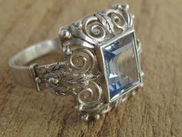 Jugendstil Ring Silber 800 + MP Topas blau antik Gr. 58