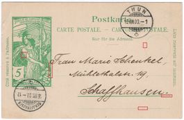 5 Rp. UPU Postkarte von THUN nach SCHAFFHAUSEN
