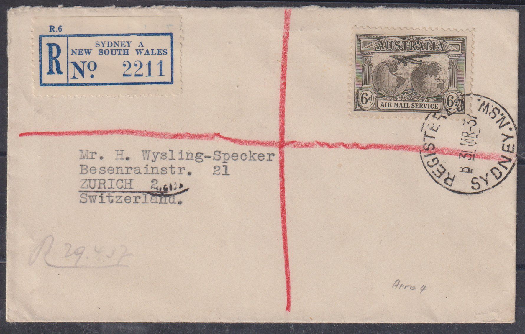Alle Briefmarken: R-Brief 1937 Australien - Zürich – Gebraucht aus Eschlikon TG von PhilCon