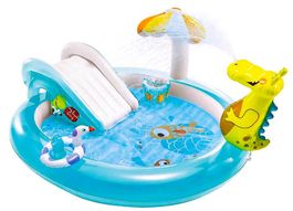 Aufblasbarer Spielpool mit Rutsche, Drache und Sprühpalme