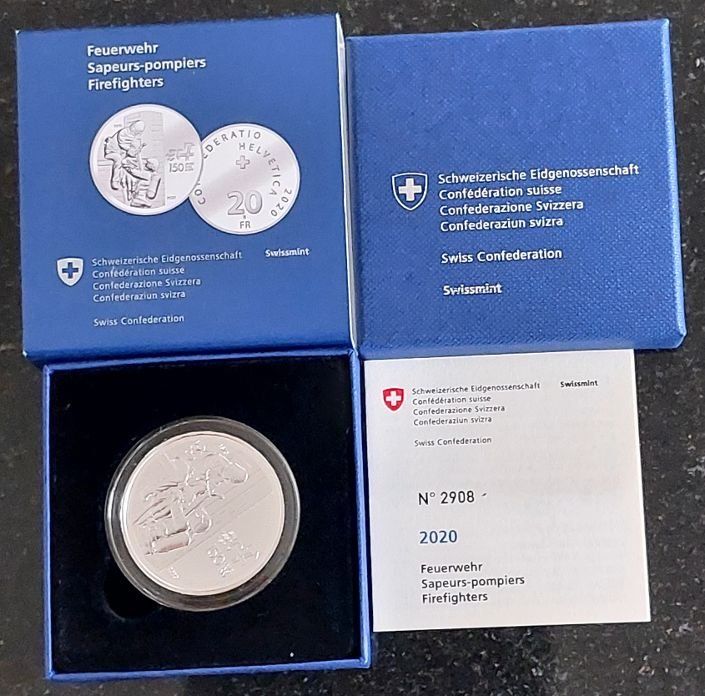 Tutti le monete: 20 Franken 2020 Silber pp Feuerwehr Box – Nuovo (secondo la descrizione) da Arch venduto da moneyswiss