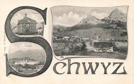 Schwyz SZ Stadt Panorama Berge Rigi Mythen