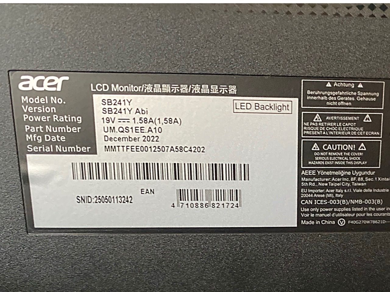 Acer Monitor: Monitor 24" Model ACER SB241Y – Nuovo e nell'imballaggio originale da Meggen venduto da Prkz77 3