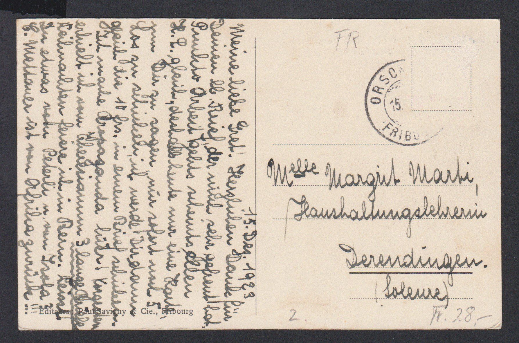 Cartoline postali: Orsonnes  FR    -   alte Ansichtskarte von 1923 – Usato da Vitznau venduto da Ropaku 1