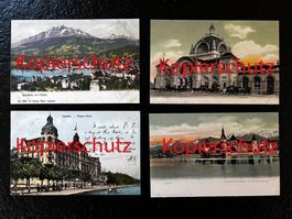 4 antike, Farb-AK von Luzern (~1900): Bahnhof, Palace-H. u.a
