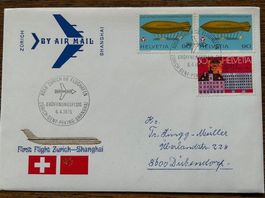 ✈️ Erstflug 1975 Zürich 👉Shaghai🐉 Sonderbrief +Briefmarken