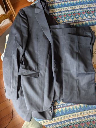 Navy Blue Patterned Suit Jacket and Trousers Size 50