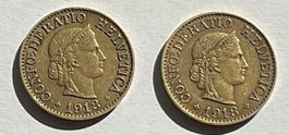 2 Schweizer 10 Rappen-Münzen aus Messing von 1918