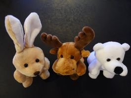 Lot 3 peluches Minifeet neuves (ours, renne, lapin) – 10 cm