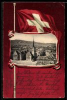 Lithographie Zürich, Ortsansicht mit Kirchturm, Flaggen-Pass