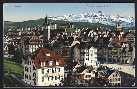 Cartoline postali: AK Herisau, Ortsansicht mit Säntis – Usato da Berlin venduto da bartko-reher