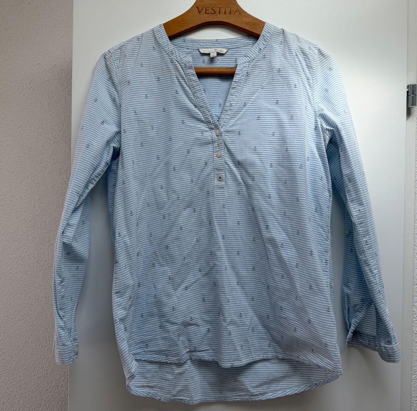 Tom Tailor Camicette: Tom Tailor Bluse, hellblau gestreift, Gr. M, Ankerprint – Usato da Lyss venduto da Landleben0