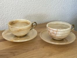 2er Marmor-Onyx Tassenset mit Untertellern Messing Vintage