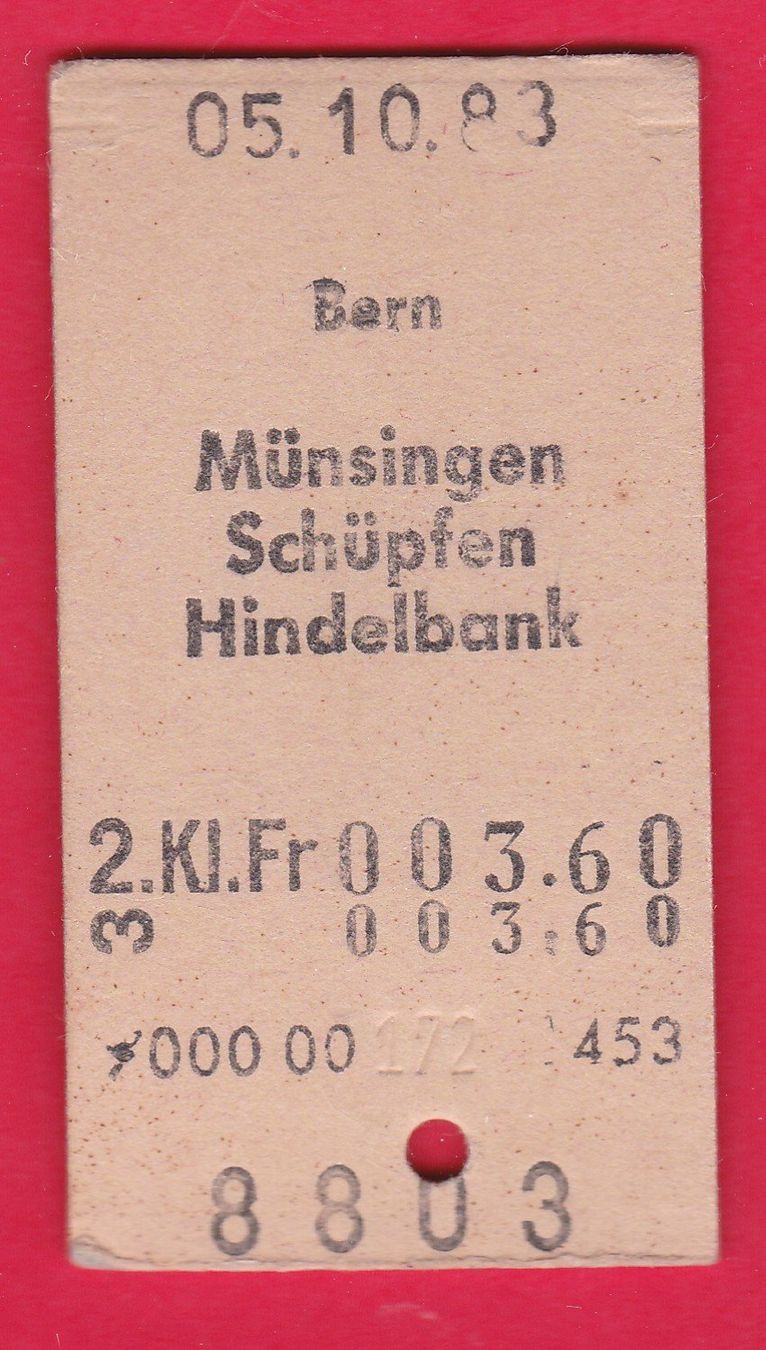 Biglietti: KARTON BILLETT, BERN - HINDELBANK, 2.KLASSE, EINFACH, 1983 – Usato da Oberrieden venduto da Gebirgsstelze