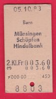 KARTON BILLETT, BERN - HINDELBANK, 2.KLASSE, EINFACH, 1983