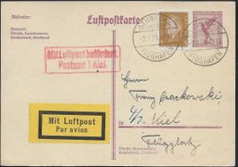 1929 Luftpost PK LÜBECK - KIEL Mischfrankat. sauber  ab 1.-