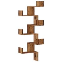 Étagère d'angle murale vieux bois 45x45x147cm bois d'ingénie