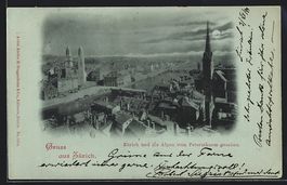 Mondschein-AK Zürich, Ortsansicht mit A