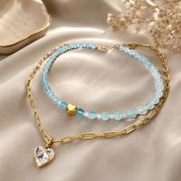 Aquamarin & Mondstein Layering Halskette Collier mit Herzen
