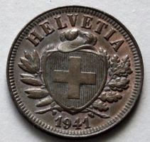 Schweiz: 2 Rappen-Münze 1941 in top Zustand