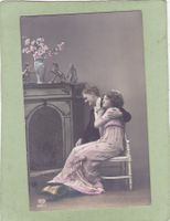 Kitsch Paar Frau Mann Kamin Blumen 1915