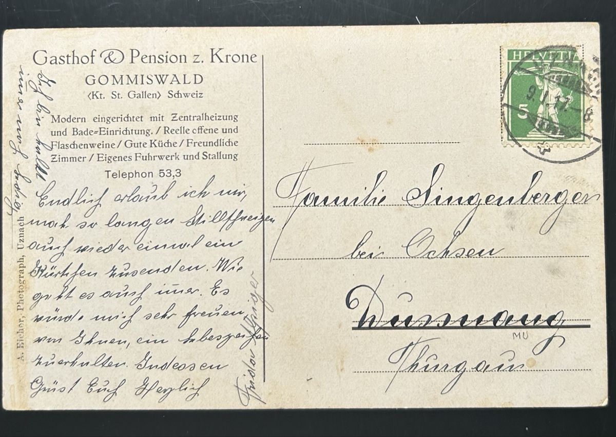 Cartoline postali: Gommiswald Pension Krone  – Usato da Horw venduto da Tellbub 1