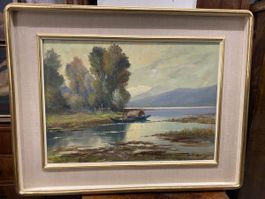 Tableau Paysage Lac et Montagnes, Huile sur Toile. 50cmx70cm