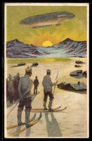 Zeppelin und Skifahrer im Sonnenaufgang