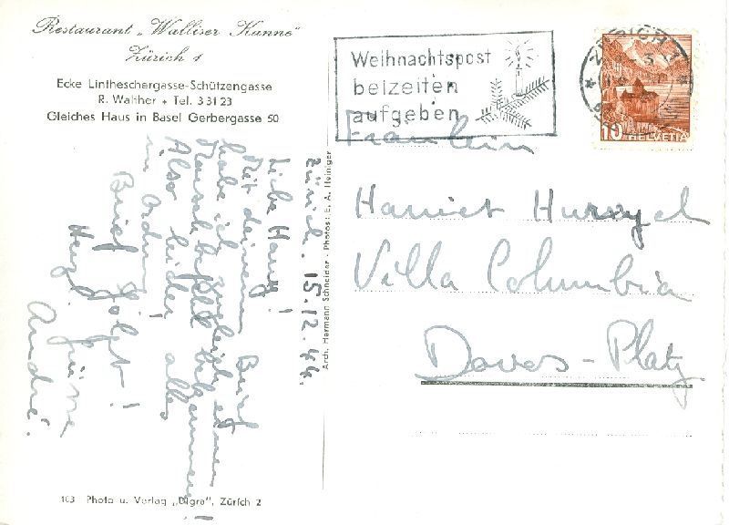 Cartoline postali: Zürich -Restaurant Walliser Kanne 1944 – Usato da Emmenbrücke venduto da teestube 1