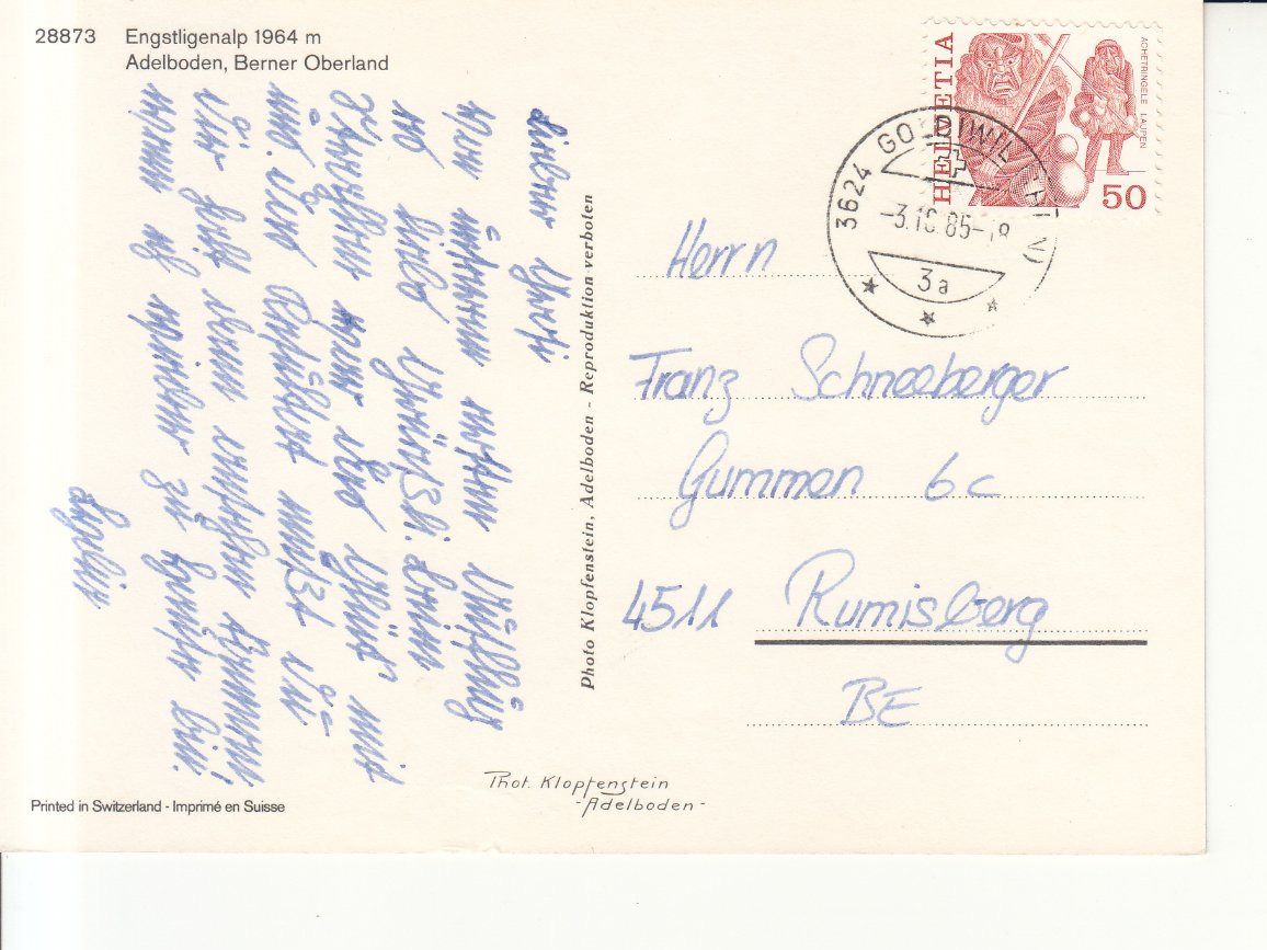 Cartoline postali: Engstligenalp 1985 – Usato da Bürglen TG venduto da StampGraf 1