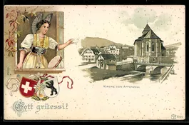 Lithographie Appenzell, Kirche und Frau in Tracht